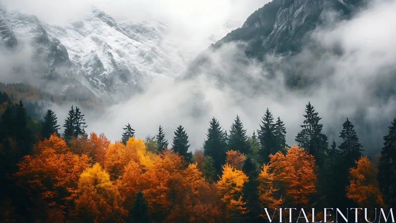 Golden autumn forest cuddled beneath misty peaks.