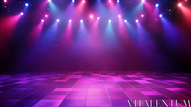 Empty tiled stage under multicolored concert spotlights.