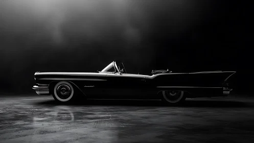 Classic black convertible rests in dramatic studio light.