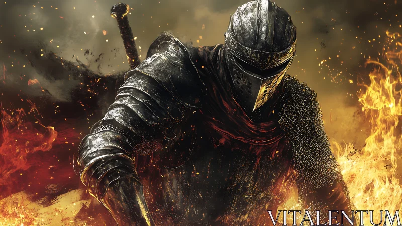 Burnished knight striding through cinematic inferno blaze.