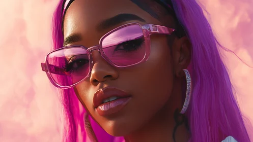 High-saturation portrait with reflective pink sunglasses and neon hair