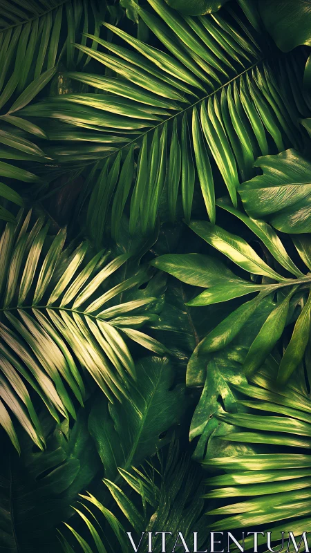 Lush tropical palm leaves overlap gently in soft golden light