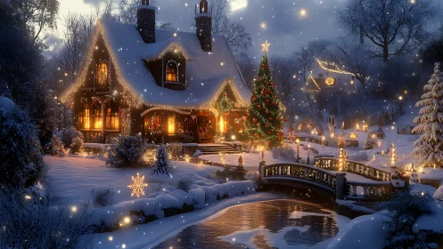 Snow-laden cottage scene uses warm bokeh lighting and deep winter contrast