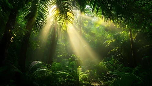 Sunlight penetrating dense tropical forest canopy structure and vegetation.