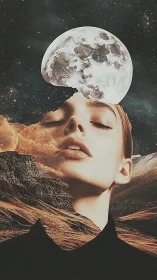 Surreal female portrait blended with lunar desert landscape.