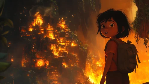 Backpack kid meets blazing cliffside temples at dusk.