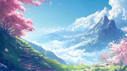 Sakura ridge path overlooking luminous cloud mountains.