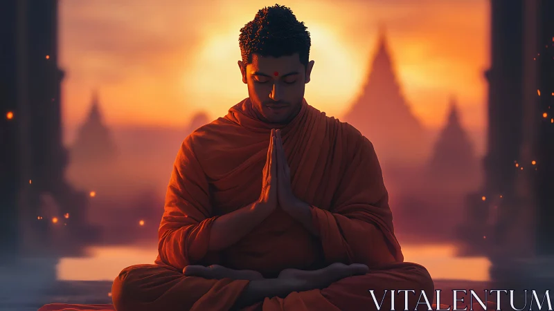 Sunset stillness with a meditating monk in warm light.