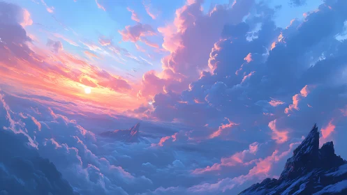 Sunset illuminates towering clouds above distant peaks