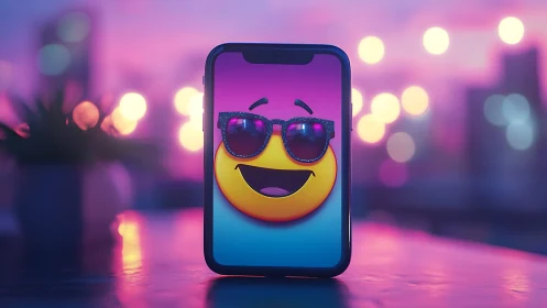 Happy Emoji with Sunglasses on Smartphone.
