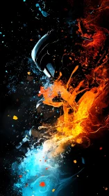 Headphones ignite liquid fire and frost in cosmic splash.