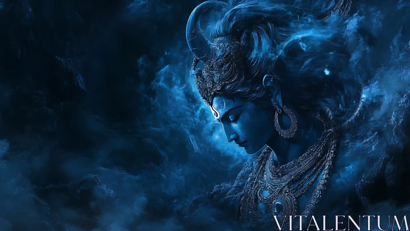 Blue-toned divine figure amid swirling atmospheric clouds.