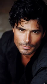 Photorealistic portrait of intense dark haired man in black.