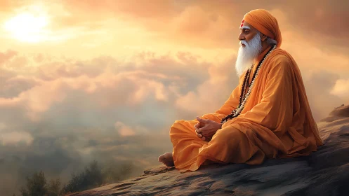 Meditative sage in orange robes above glowing cloud horizon.
