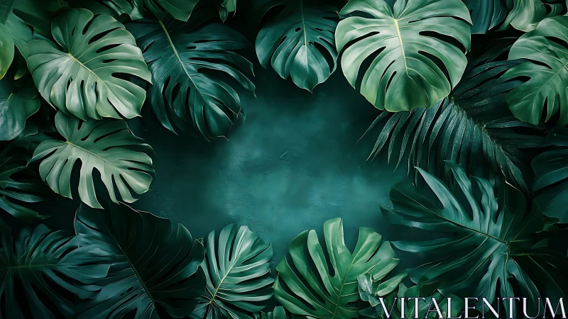 Tropical monstera leaves framing deep teal background.