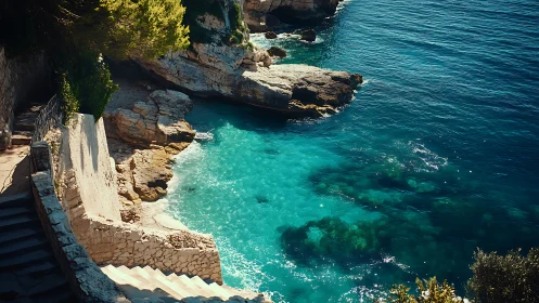 Sunlit coastal stone stairway descending to turquoise cove.