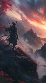 Lone samurai overlooks misty valley beneath burning skies
