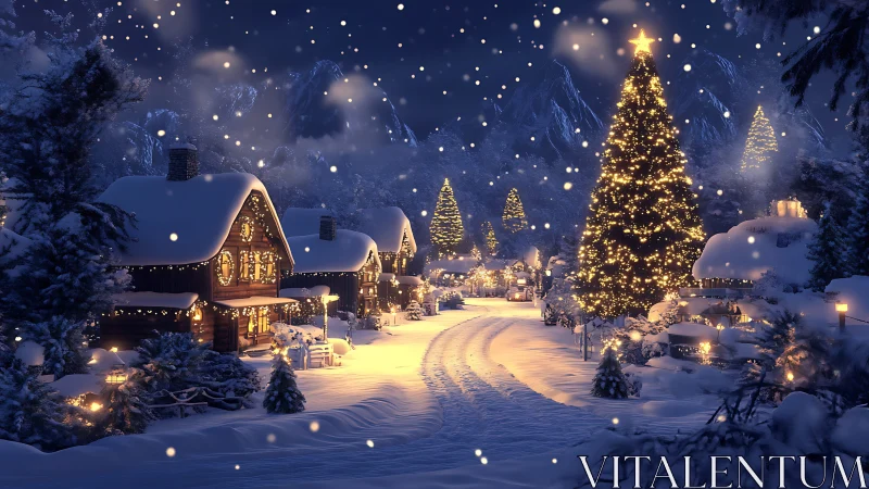 Starlit village lane wrapped in storybook Christmas snow.