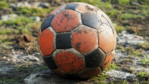 Weathered orange soccer ball resting on rough ground.