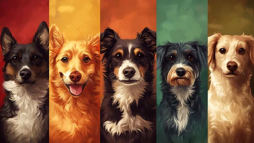 Canine portrait quintet with warm gradient panel backdrops.