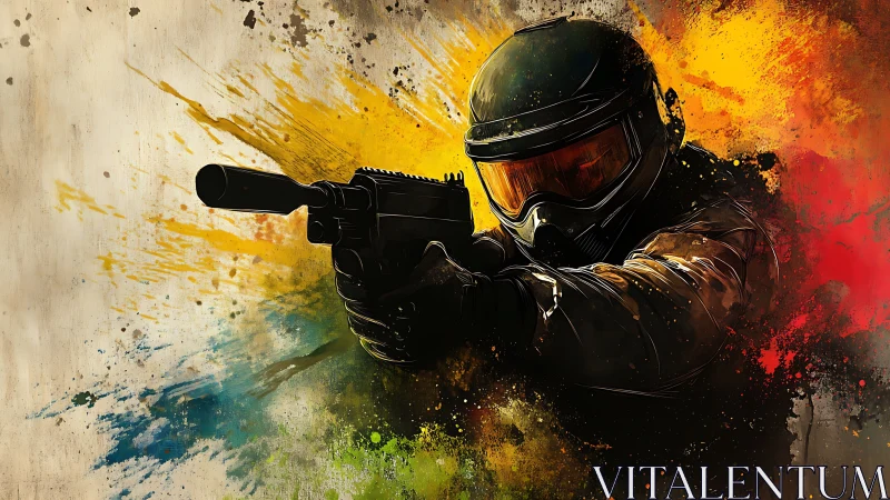 Paint-splashed commando freezes mid-blast of liquid chaos