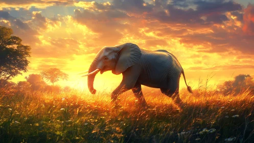 Elephant crossing golden savannah under blazing sunset sky.