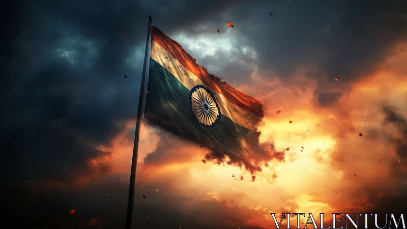 Indian flag waves against dramatic storm-lit sky.