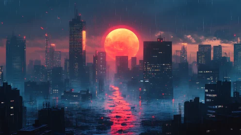 Crimson moonrise over a neon-soaked midnight skyline.