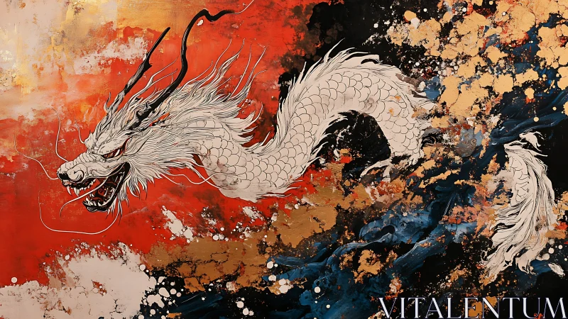 Storm-breathing dragon curls through gold-splashed inferno skies.