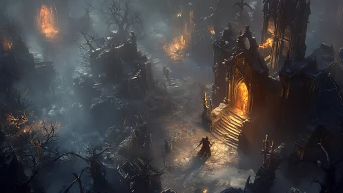 Firelit ruins and wandering figures in a misty dark realm.