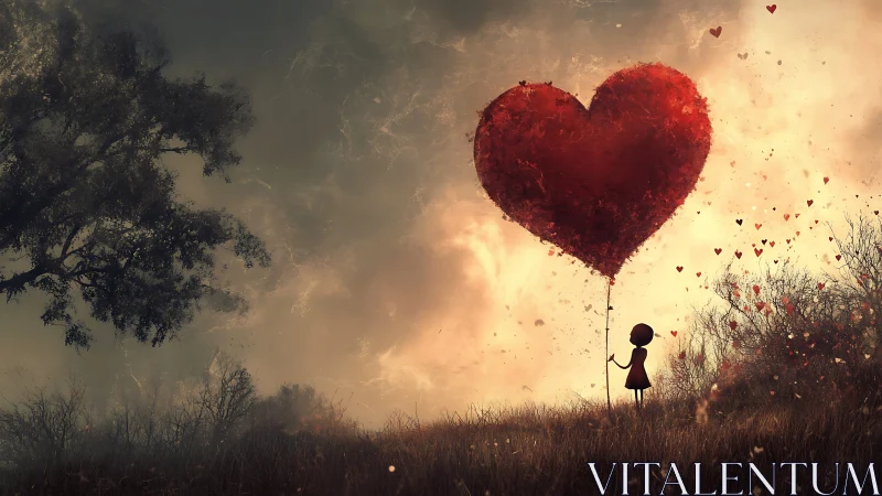 Child Holding Giant Heart Balloon at Sunset.