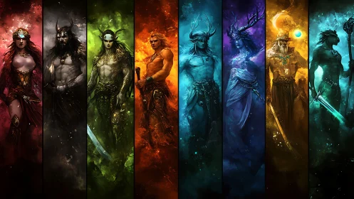 Elemental fantasy gods aligned in vivid chromatic spectrum.