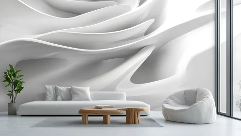 Minimalist living room with abstract white wall art.