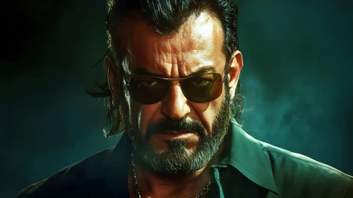 Bearded man in sunglasses stares forward with intense focus