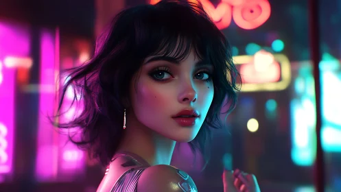 Neon city night portrait of a dreamy girl in soft glow.