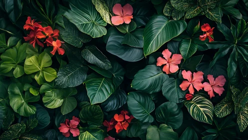 Emerald jungle canopy with coral blooms whispering quiet magic.