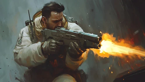 Armored soldier fires heavy rifle amid kinetic digital brushwork