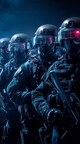 Midnight tactical squad marches through electric blue haze.