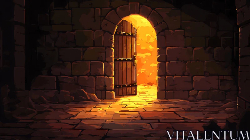 Stone dungeon corridor with glowing open doorway at end.