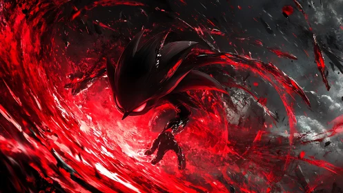 High energy vortex around stylized hedgehog silhouette in red void