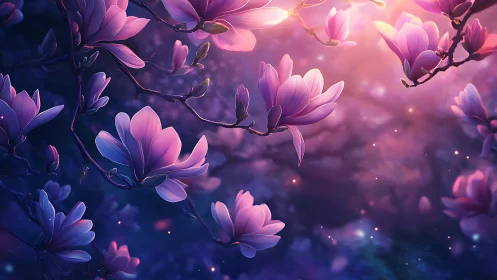 Purple Magnolia Blossoms Illuminated by Ethereal Golden Light