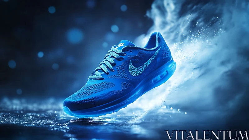 Blue athletic sneaker in dynamic splash-lit product render.