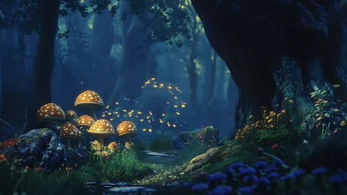 Luminous mushrooms in enchanted twilight forest glade.
