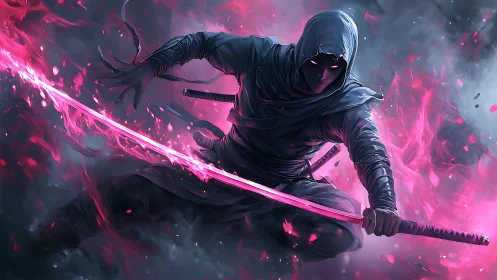 Mystic hooded warrior leaping through glowing pink flames.