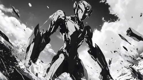 Chrome titan strides through shattered waves and broken sky.