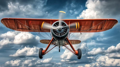 Red biplane flies toward camera against dense cloud sky