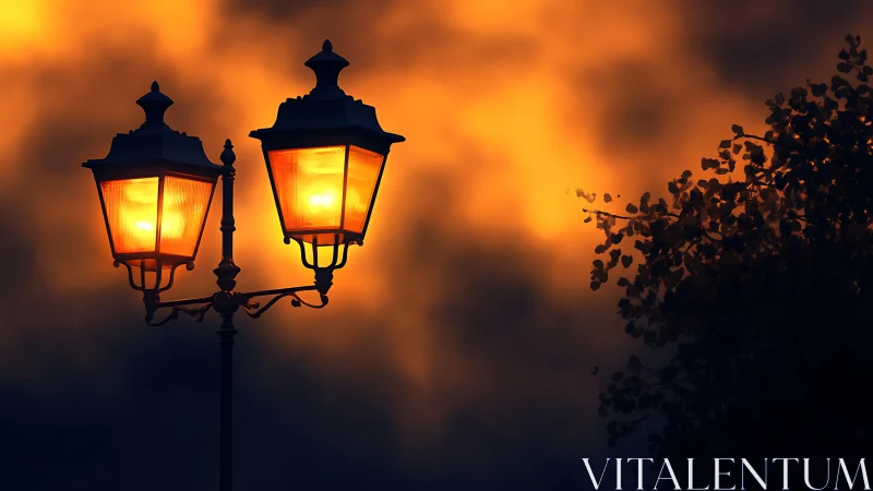 Dual street lamps emit warm bokeh against dramatic dusk clouds