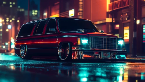 Lowrider SUV night render with neon reflections and wet asphalt
