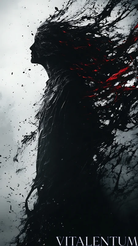 Silhouette figure dissolves into black and red fluid fragments