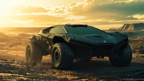 Desert dusk crowns a stealth offroad supercar in molten gold